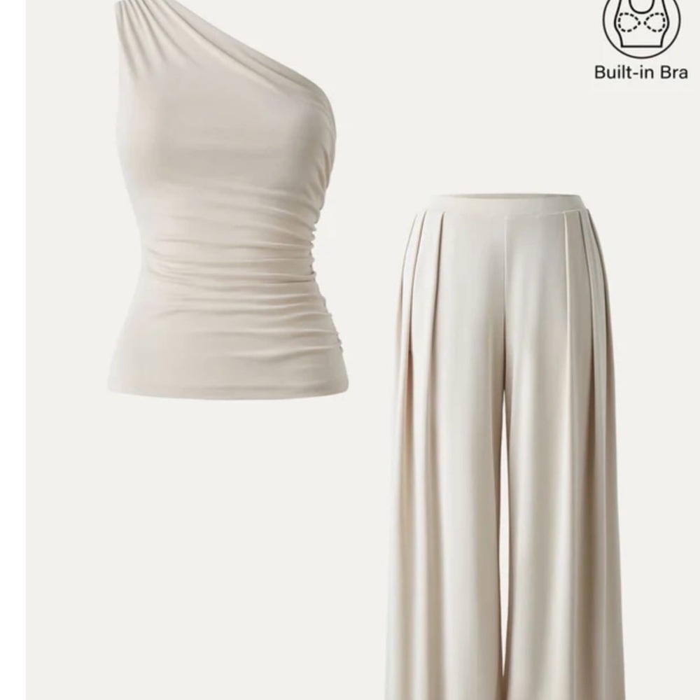 2Pcs Set Petite Wide Leg Palazzo Pant with Pockets & Ruched Bra Tank